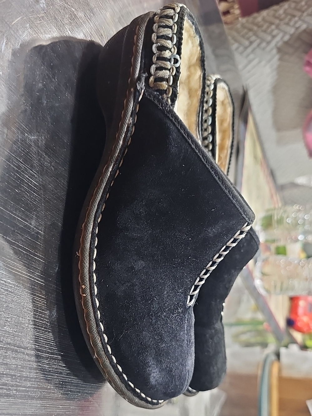UGG Black Suede Shearling-Lined Slip-On Clog Mules